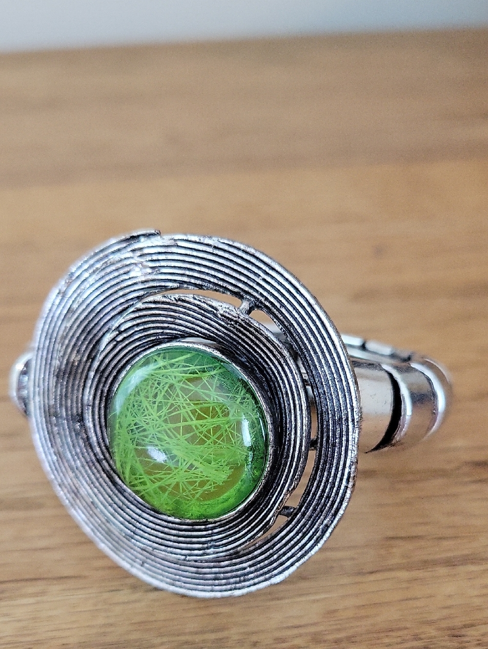 Silver-Tone Women's Statement Cuff Bracelet with Green Cabochon